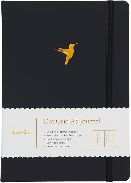 Yop & Tom A5 Dot Grid Journal - With Extra Thick Paper (160 GSM) and Lay-Flat Binding - Bullet Grid Journal (Hummingbird, Charcoal)
