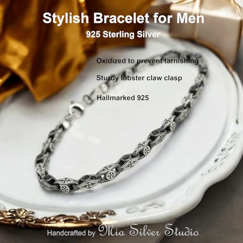 925 Sterling Silver Evil Eye Bracelets for Men - Unique Vintage Style Design Hand Chain Bracelet with Black Stones Cubic Zirconia - Wide 5 mm - Protective Jewelry - Handmade2