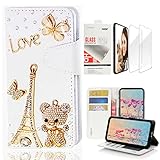 STENES Bling Wallet Case Compatible with Moto G6 Play/Moto G6 Forge - 3D Handmade Eiffel Tower Bear Butterfly Design Leather Case with Wrist Strap & Screen Protector [2 Pack] - Gold