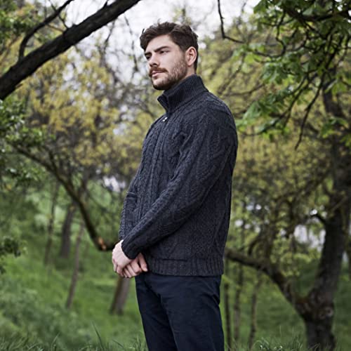 SAOL 100% Merino Wool Men's Zipper Cable Knit Winter Warm Cardigan Sweater with Pockets in Charcoal/Army Green2