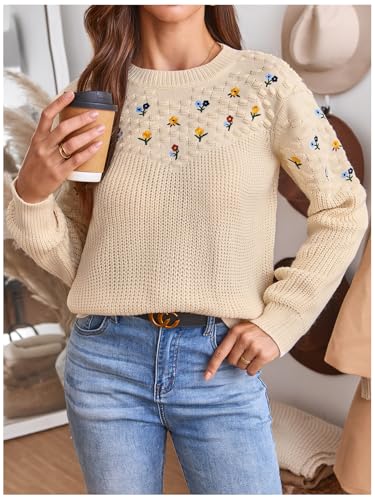 Image of BEAUDRM Women's Floral Embroidery Sweaters Long Sleeve Round Neck Knitted Pullover Tops Beige Small