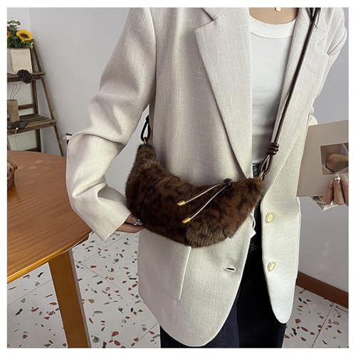 Image of Leopard Fluffy Sling Dumpling Bag Cheetah Print Fuzzy Furry Shoulder Crossbody Crescent Bag Leopard Plush Horn Bag