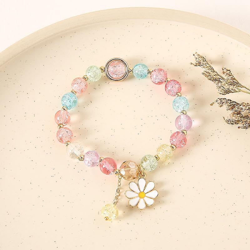 Image of El Regalo 1 PC Dailsy Flower Sparkly Crystal Beads Tassel Bracelet for Girls /Teens /Women- Cute Crackle Beads Daisy Flower Stretch Bracelet