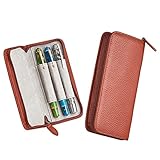 Lanxivi Genuine Leather Fountain Pen Case 3 Divided Slots Coffee Color, Zippered Pen Case Pouch, Handmade Display Holder for Rollerball Pen