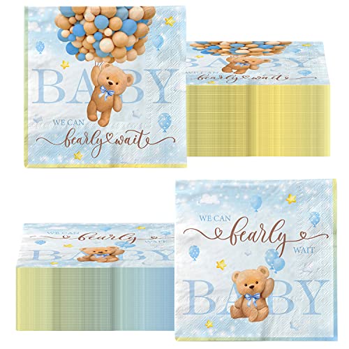 We Can Bearly Wait Baby Shower Decorations,40pcs Bear Baby Shower Napkins,Paper Dinner It’s A Boy Napkins for Boy Gender Reveal Party Supplies