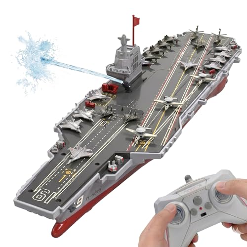 RC Boat Warship with Water Spray, 16-in Battleship Aircraft Carrier with 2 Batteries, 20KMH High Speed Remote Control Militaryship for Pool & Lake, Exhibits Model Military Gift