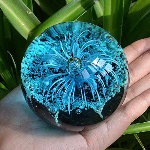 EUSTUMA Hand Blown Glass Blue Flower Sphere Figurine,Paperweight Glass Ball,Sea Plant Ornament for Fish Tank Aquarium,Sea Plant Collection for Birthday Gift,Glass Paperweight - Thumbnail 2