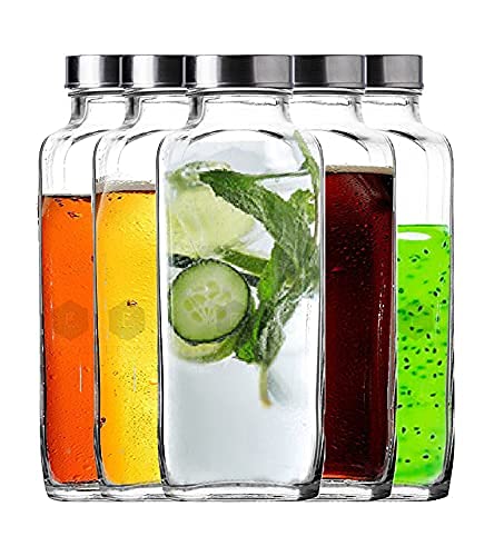 EVOQIS Glass Bottles with Airtight Metal Twist Lids Transparent and Clear Water Bottles Great for Storing Smoothies and many more Glass Bottles for Storage Kitchen Jars (1000 ML, Pack of 4)