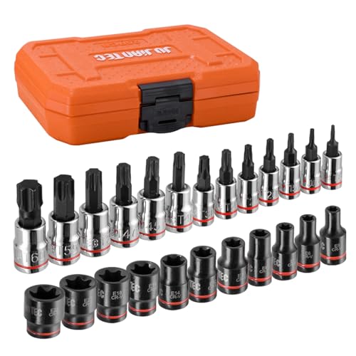 Image of 25-Piece Torx Bit Socket and External Torx Socket Set, 1 /4 inch & 3 /8 inch Drive, 13 Star Socket Bits (T8- T60)& 12 Female E-Torx Sockets (E4-E22), Premium S2 and CR-V Steel, with Storage Box