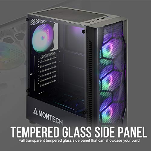 Montech X1 Black ATX Mid-Tower Case - High Airflow, Front Mesh Ventilation, Tempered Glass Side Panel, Pre-Installed 4 x 120mm Autoflow Rainbow LED Fans