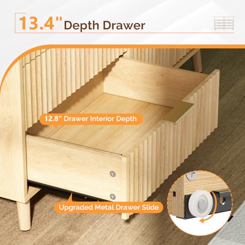 Image of VINGLI Fluted Dresser Led, 6 Drawer Dresser for Bedroom, Light Wood Bedroom Dressers Oak, 47 inch W*15.75 inch D*33 inch H