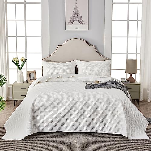Qucover Colcha Verano Cama 135, Juego de Colchas Ultrasónica Con 2 Fundas de Almohada 50x75cm, Cubrecama 200x220 Blanca Microfibra, Manta Superligera Con Patrón Geométrico