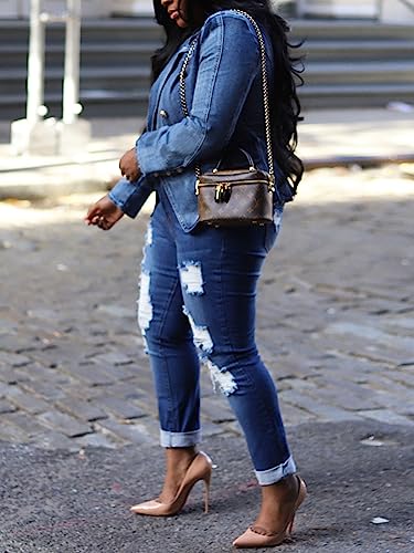 Angsuttc Blazers for Women Business Casual Denim Long Sleeves Lapel Double Breasted Jacket4