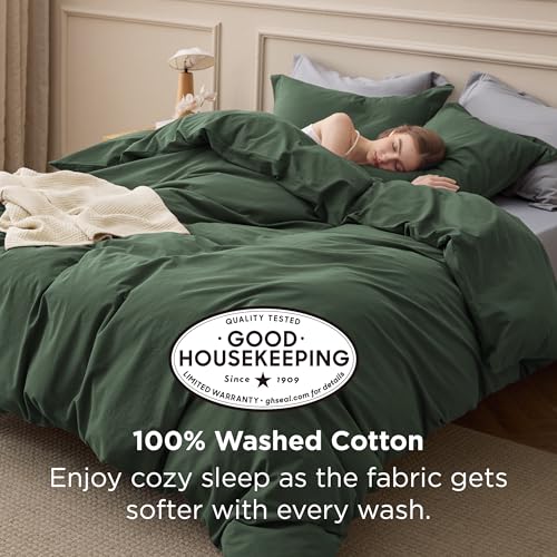 Image of Bedsure 100% Washed Cotton Duvet Cover Full Size - Olive Green Minimalist Bedding Set Linen Like - PureWoven Plain Simple & Soft Comforter Cover for All Seasons (Olive Green, Full, 80 inchx90 inch)