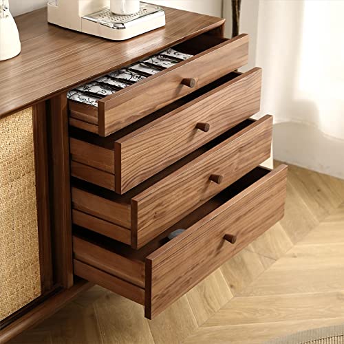 Kasue Two Door Four Drawer Cabinet With Rattan Weaving - Black Walnut/Natural Vine Mdf Sideboard, Mid-Century Sideboard For Dining Room Living Room Buffet Storage Cabinet/Tv Stand #TOP2