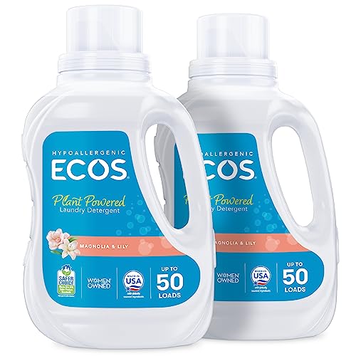 ECOS Laundry Detergent Liquid 100 Loads - Dermatologist Tested Laundry Soap - Hypoallergenic EPA Safer Choice Certified Plant-Powered - Magnolia Lily 50 Fl Oz (Pack of 2)