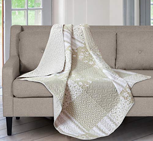 SLPR Silent Reverie 50' x 60' Throw: Reversible Quilted Blanket for Summer, Floral Tan Quilt, Lightweight Lap Comforter, Stripes and Flowers Coverlet, Spring Couch Throw, Soft and Comfortable Throw