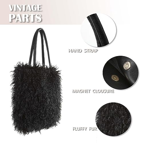 Image of Women's Fuzzy Tote Bag Curly Handbag Furry Shoulder Bag Large Plush Top Handle Purses Winter