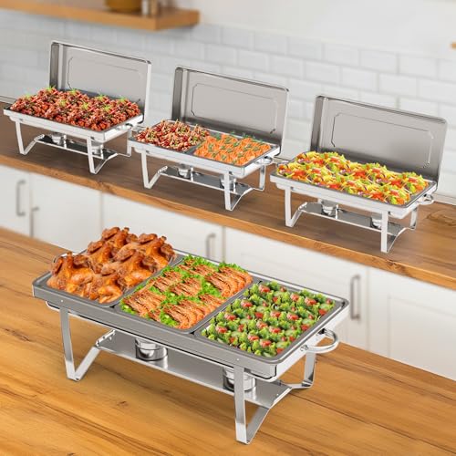 Calentador de alimentos de 8,5 l, vajilla para buffet, 4 paquetes de acero inoxidable, servidor de buffet de varios tamaños, calentador de alimentos plegable para fiestas, banquetes, cumpleaños