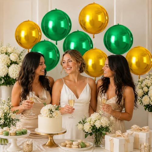 Image of 9 Pcs Green Gold Round Foil Balloons,22 Inch Round Balloons | Green Gold Giant 4D Round Ball Balloons For Birthday Jungle Safari Graduation St Patrick's Day Decorations
