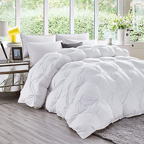 Crown Collection White Down Alternative Pinch Pleated Comforter- Oversized Queen Size 98 x 98 Inches 1 Piece All-Season Duvet Insert, 500 GSM with Corner Tabs 100% Egyptian Cotton- (White Solid)