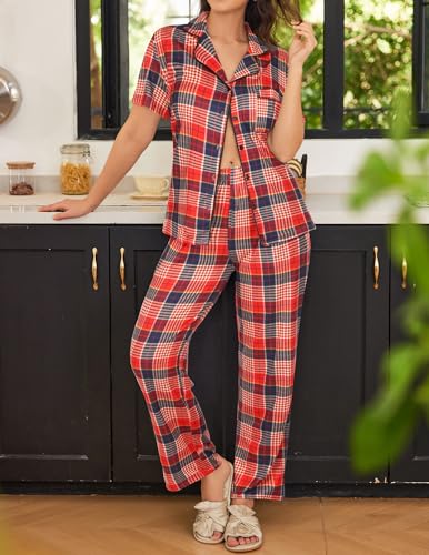 Image of Ekouaer Womens Pajamas Set Print PJs Soft Button Down Sleepwear Short Sleeve Lounge Set with Pockets