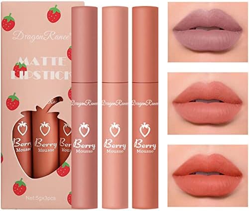 3pcs Velvet Matte Liquid Lipstick, Smooth Lip Gloss Stain Makeup Cosmetics Set for Women, 3 Colors Lip Glaze Long Lasting Waterproof Non-stick Cup (set-A)