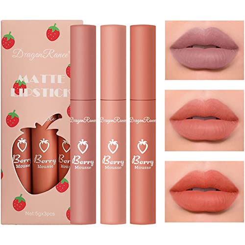 3Pcs Velvet Matte Liquid Lipstick, Smooth Lip Gloss Stain Makeup Cosmetics Set For Women, 3 Colors Lip Glaze Long Lasting Waterproof Non-Stick Cup (Set-A) #TOP2