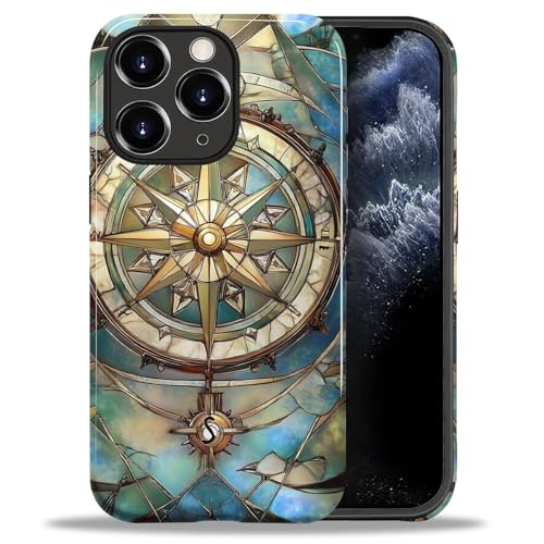 ZHEGAILIAN Case for iPhone 11 Pro,Shockproof Hard Shell + Soft Silicone 2 in 1 Hybrid,Shockproof Bumper Drop Protective - Vintage Compass Stained Glass