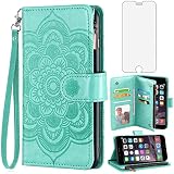 Asuwish Phone Case for iPhone 6 6s Wallet Cover with Tempered Glass Screen Protector and Flip Card Holder Stand Cell iPhone6 Six i6 S iPhone6s iPhine6s iPhones6s i Phone6s Phone6 6a S6 Women Men Green