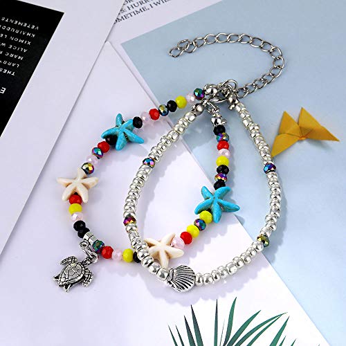 Image of Softones Blue Starfish Turtle Anklet Multilayer Charm Beads Sea Handmade Boho Anklet Foot Jewelry for Women