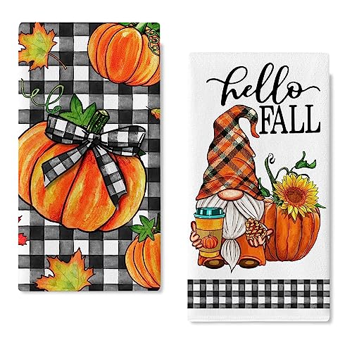 Seliem Hello Fall Gnome Pumpkin Kitchen Dish Towel 2 Set, Thanksgiving Buffalo Check Plaid Sunflower Hand Drying Baking Cooking Cloth Autumn Maple Leaves Seasonal Home Decor Farmhouse Decoration 18x26