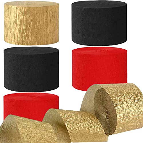 Image of We Moment Black and Red Gold Crepe Paper Streamers Party Streamer 1.8 Inch Widening 6 Rolls,Red and Gold Black Party Decorations Streamer 82 feet per roll for Birthday Graduate Party Decorations