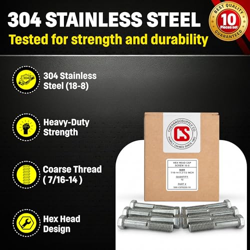 Image of Stainless 7 /16-14 x 2-1 /2 inch Hex Head Bolts (3 /4 inch to 5 inch Lengths Available in Listing), 304 Stainless Steel, 10 Pieces (7 /16-14 x 2-1 /2 inch)