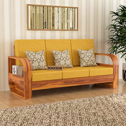 Image of Douceur Furnitures Solid Sheesham Wood 3 Seater Sofas | Three Seater Sofa for Living Room, Cafe, Office | (Honey Teak Cushion Mustard Yellow)