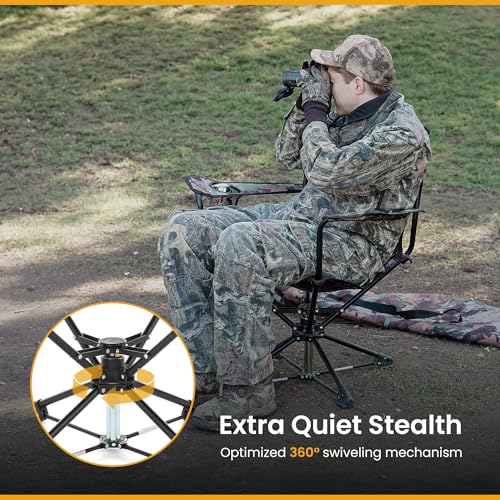 ARROWHEAD OUTDOOR 360° Degree Swivel Hunting Chair w/Armrests, Perfect for Blinds, No Sink Feet, Supports up to 450lbs, Carrying Case, Steel Frame, Fishing, High-Grade 600D Canvas, USA-Based Support,