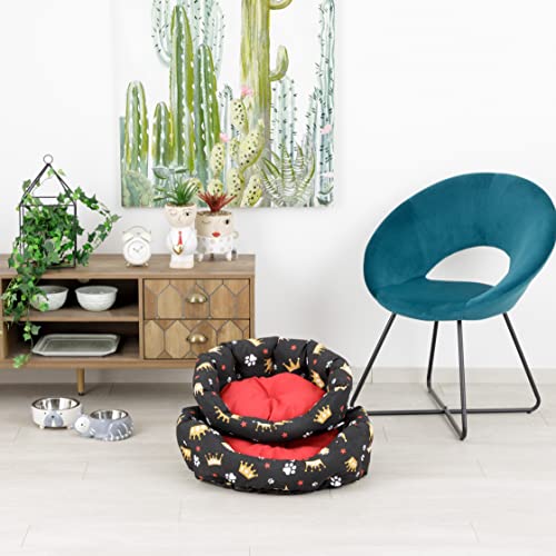 Baroni Home Hundebett aus Stoff, Größe L, weiches rundes Hundematte für Hunde und Katzen, bequem, für Schlafzimmer Wohnzimmer Flur, waschbar (50x65 cm, Rot, Scwharz mit Kronen)