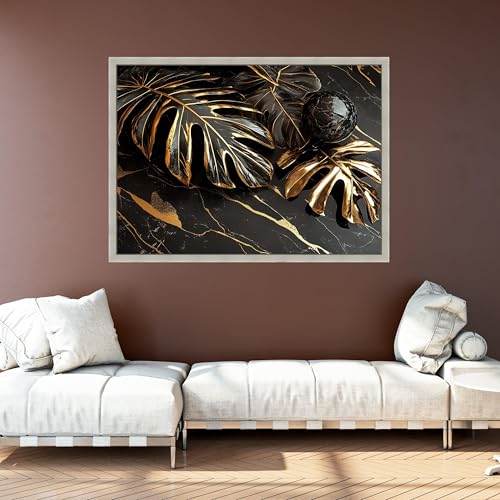 Tableau feuilles noires et dorées impression sur toile grand format deco murale moderne