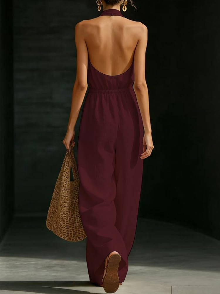 Monopezzi e Tutine da Donna Lunga Elegante Tuta Intera senza Maniche Scollo V senza Schienale Salopette Jumpsuit Pantaloni Vita Alta