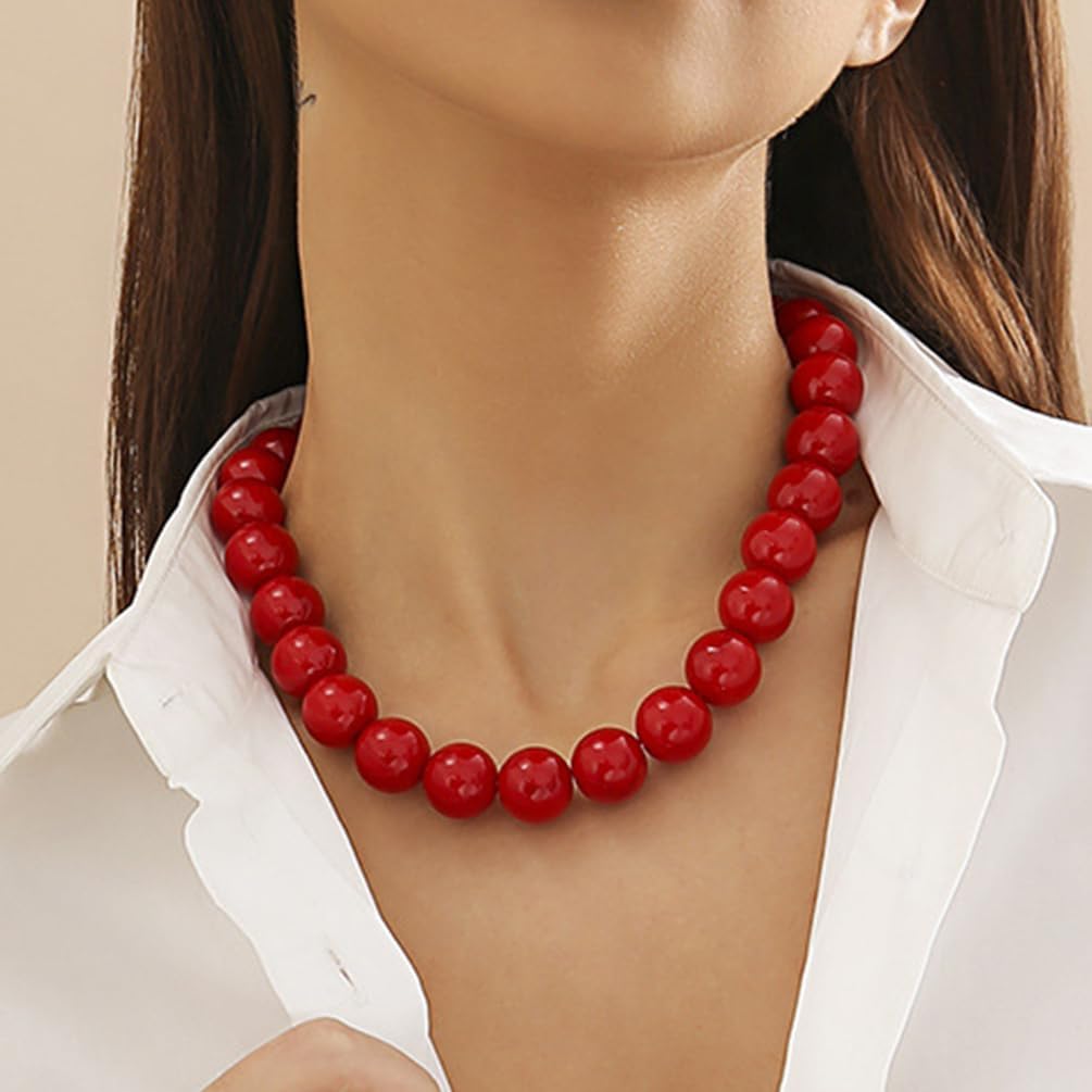 Vintage Large Chunky Red Beaded Choker Necklace for Women Trendy Gothic Black Faux Pearls Bead Collar Necklaces Y2K Statement Jewelry Accessories Gift - Image 3