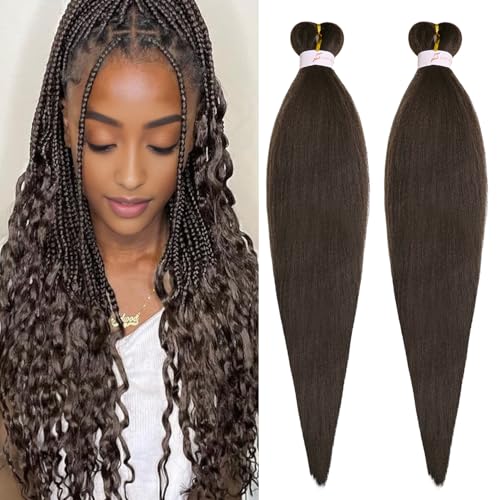 Dark Brown Braiding Hair Pre Stretched 24 Inch 2 Packs Synthetic Braiding Hair Extensions for Braids Hot Water Setting Soft Yaki Texture Crochet Braids (24 Inch 4#)