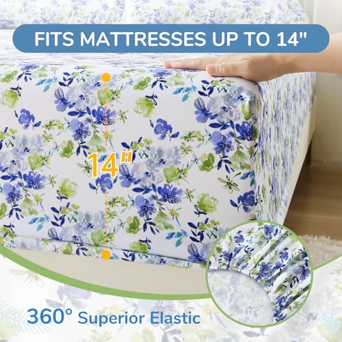 Image of MUXHOMO King Size 4 Piece Sheet Set, Soft & Breathable Sheet for Bedroom with Deep Pocket Up to 16 inch, Wrinkle-Free & Cooling Bed Sheets with Flat Sheet, Fitted Sheet & Pillowcases - Aqua Bloom