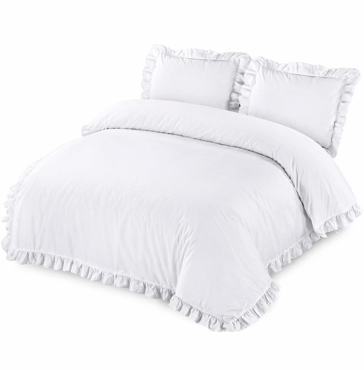 Nightzone White Santiago Duvet Cover Bedding Set Frilled Edge Easy Care Polycotton Plain Pattern Ruffle Frill Corner With Pillowcases (, Single)