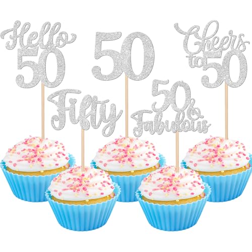 Xsstarmi Paquete de 30 adornos para cupcakes de 50 cumpleaños con purpurina plateada, diseño de Hello 50 Fabulous Fifty Birthday Cupcake Picks Cheers to 50 Years Cake Decor for Happy 50th Birthday