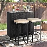 Crownland 3-Piece Wicker Patio Outdoor Bar Set, 2 Stools and 1 Glass Top Table, Bistro Set, Brown Furniture for Deck, Lawn, Backyard