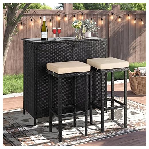 Crownland 3-Piece Wicker Patio Outdoor Bar Set, 2 Stools and 1 Glass Top Table, Outdoor Bistro Set, Brown Wicker Bar Table, Outdoor Furniture Set for Deck, Lawn, Backyard