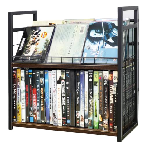 2-Tier DVD Storage Rack & CD Display Shelf, Holds 56 DVD Cases, Stackable Metal Media Organizer Tower for Video Games, Blu Ray, VHS Tapes