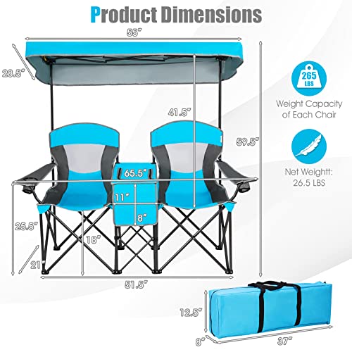 Tangkula Loveseat Camping Chair With Adjustable Shade Canopy, Portable Beach Chair With Cooler Bag, 2 Cup Holders, Carrying Bag, Foldable Double Lawn Chair For Travel, Fishing, Picnic (Blue) #TOP6