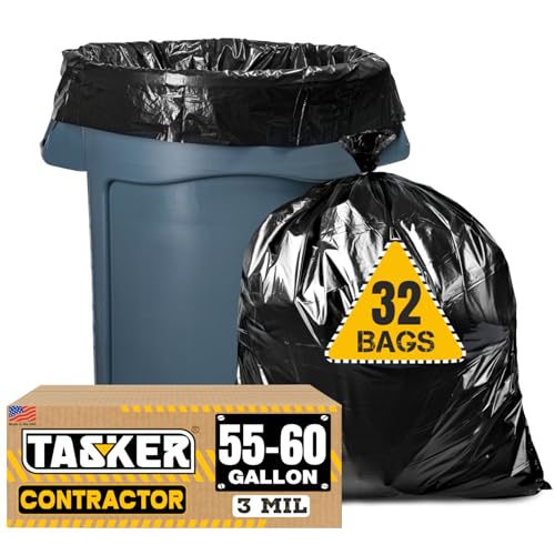 Tasker Contractor Garbage Bags 55 Gallon 3 Mil Heavy Duty (32 Bags w/Ties) 60 Gal Contractor Bags 3 Mil. 55 Gallon Heavy Duty X-Large Black Trash Bags 50 Gal