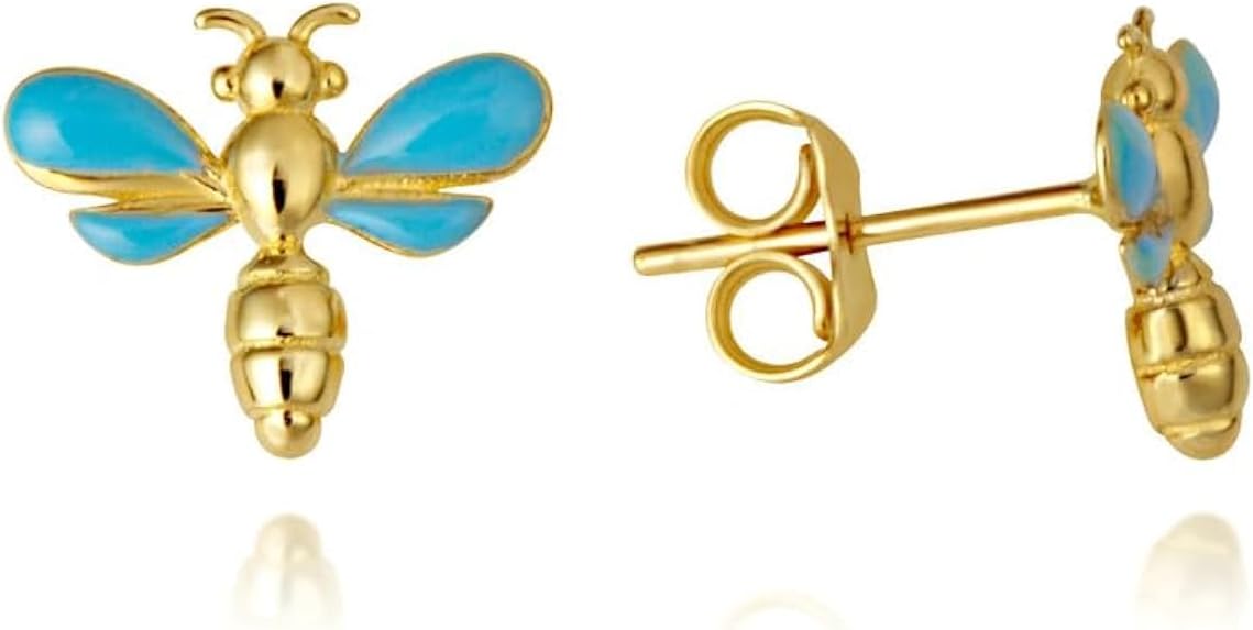 Turquoise Enamel Dragonfly Stud Earrings Real Solid 14K Yellow Gold